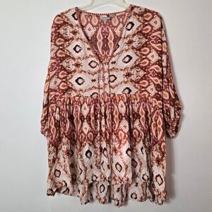 Avenue Womens Plus Size 22/24 Ikat Boho Peplum Tunic Blouse Rust Brown Viscose